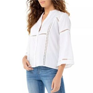 LIVERPOOL Womens White Textured Button Bell Sleeve Top